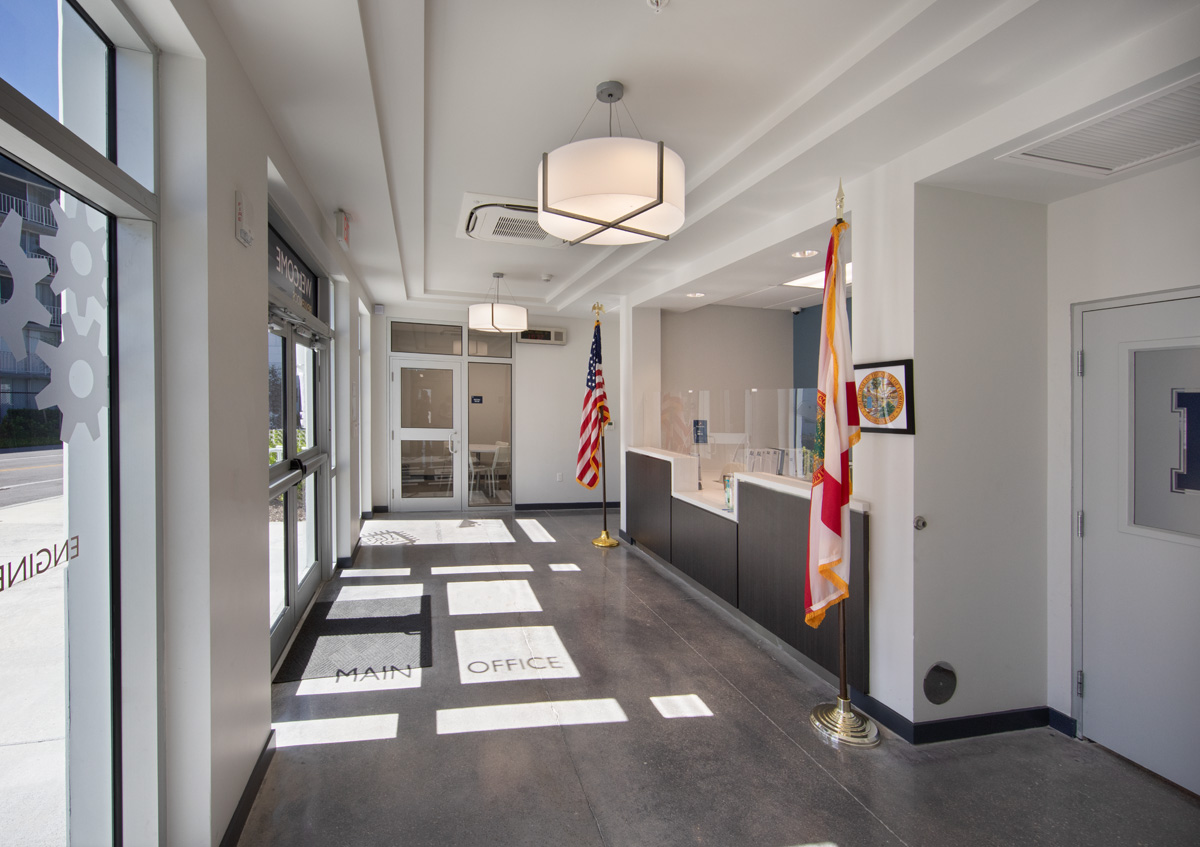 Interior design view of the reception lobby at the pinecrest prep  school in Miami